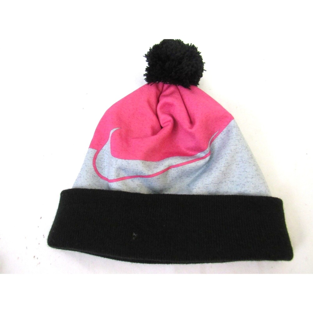 Nike Pink Gray Black Knit Cuff Beanie Skull‎ Cap Pom Pom Youth Boy's 8-20 - Picture 1 of 5